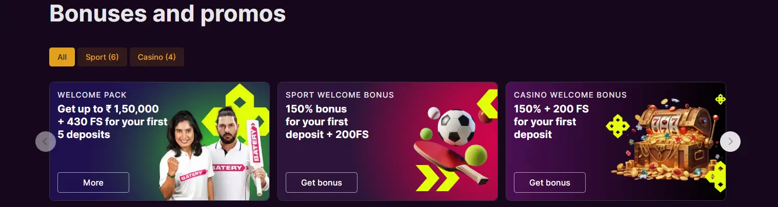 Baterybet website showcasing various bonuses and promotional offers for users in India Baterybet website showcasing various bonuses and promotional offers for users in India
