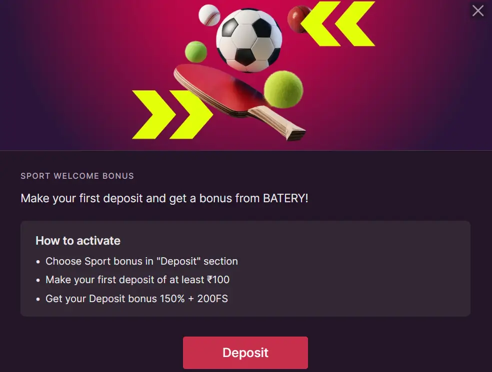 Promotion highlighting Baterybet’s welcome bonus specifically for sports betting Promotion highlighting Baterybet’s welcome bonus specifically for sports betting